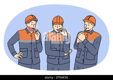 Hommes travailleurs en uniforme fumant de la cigarette à l'extérieur. Les constructeurs d'hommes au travail ont une pause-travail sur le chantier de construction à un endroit spécial de fumée. Mauvaise habitude. Illustration vectorielle, personnage de dessin animé. Illustration de Vecteur