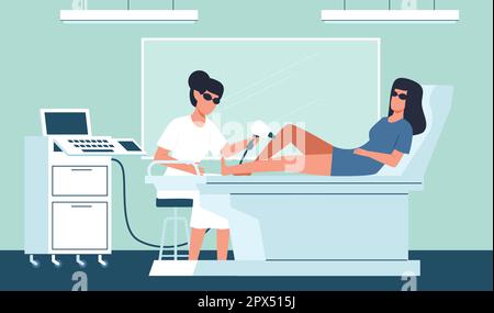 Épilation au laser, une femme enlève les cheveux de sa jambe au laser. Jeune fille et médecin en clinique de beauté, procédure de soin de la peau, appareil photo-épilation, dessin animé Illustration de Vecteur