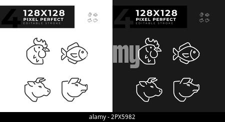 Produits de viande et de poisson pixels icônes linéaires parfaites pour le mode sombre et clair Illustration de Vecteur