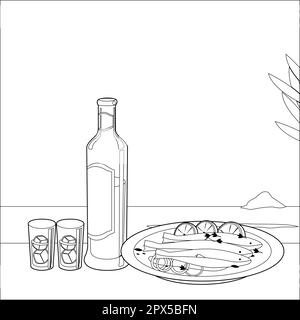 Une bouteille d'ouzo et un plat avec du poisson cuit dans une table à côté de la mer. Page de couleur noire et blanche vectorielle Illustration de Vecteur