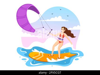 Illustration du kitesurf avec Kite Surfer debout sur le terrain de Kitboard dans la mer d'été dans les sports d'eau extrême modèle de dessin à la main de dessin à plat de dessin Banque D'Images