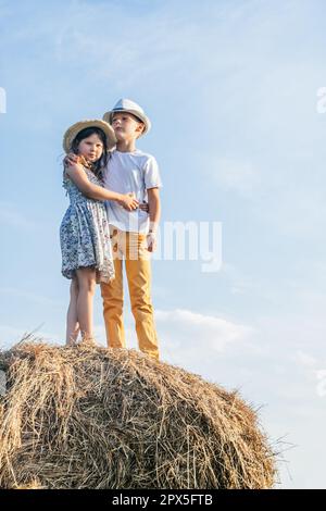 Portrait des enfants garçon et deux fille restant et serré embrassant, sur une botte de foin dans le champ.Journée ensoleillée.Arbres et ciel clair sur l'arrière-plan.Enfants Banque D'Images
