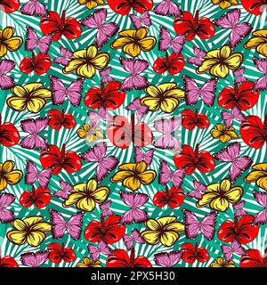 Motif tropical sans couture avec papillons, fleurs de plumeria et illustrations vectorielles de feuilles exotiques Illustration de Vecteur