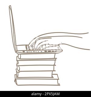 Les mains au travail sur le clavier de l'ordinateur portable, l'ordinateur portable repose sur les livres. Lieu de travail à la maison. Illustration de Vecteur