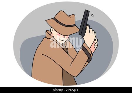 Détective masculin sous un manteau et un chapeau tenant une arme à feu pour criminel ou suspect. Homme espion ou agent de police sous couvert poursuivre le délinquant avec une arme à feu. Travail d'agent privé. Illustration vectorielle. Illustration de Vecteur