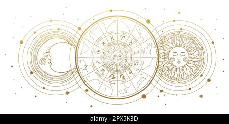 Roue de zodiaque avec 12 signes et constellations, horoscope bannière vintage avec soleil doré et lune isolée sur fond blanc, astrologie. Dessiné à la main v Illustration de Vecteur