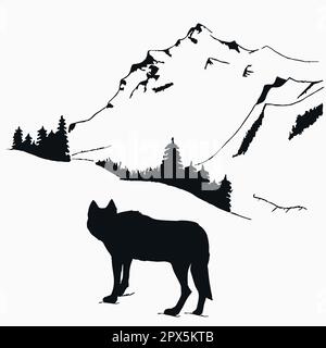 Loup regardant les montagnes et la forêt. Dessin à la main en couleurs monochromes. Esquisse d'une nature sauvage. Animal et nature. Art vectoriel Illustration de Vecteur