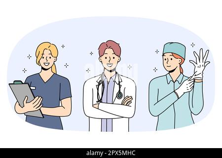 Ensemble de souriants divers médecins en uniforme prêt à donner un service médical de bonne qualité aux patients. Portrait de collection d'une infirmière et d'un chirurgien heureux en clinique ou à l'hôpital. Médecine. Illustration vectorielle. Illustration de Vecteur