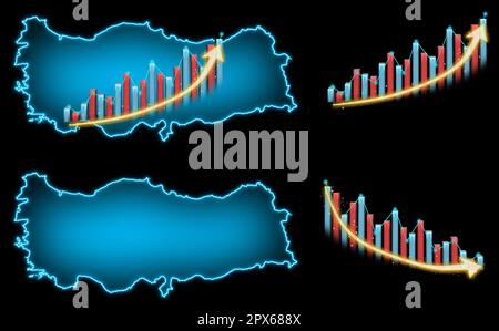 La carte de Turquie est illuminée en bleu avec une augmentation et une diminution de l'inflation de la carte. Augmentation ou baisse de la Bourse Banque D'Images