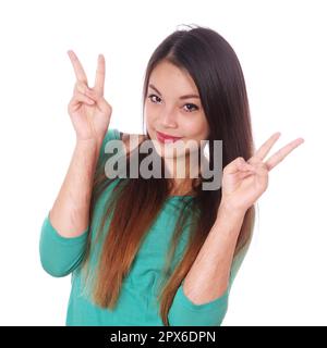 jeune femme asiatique avec des cicatrices de l'auto-atteinte délibérée faisant signe de la main de victoire Banque D'Images