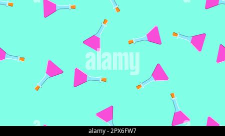Texture sans couture d'un motif infini de tubes à essai en verre triangulaires violet médical chimique à répétition contenant des flacons sur fond bleu. Vecteur illus Illustration de Vecteur