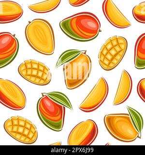 Motif vectoriel Mango sans couture, fond carré répété avec illustration découpée de mangue mûre avec chair coupée pour l'emballage du papier, groupe de fla Illustration de Vecteur