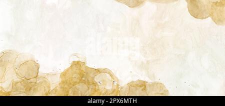 Bannière horizontale abstraite art encre alcool pour printemps. Motif en marbre tourbillonnant et paillettes dorées sur fond de peinture à l'huile neutre. Naturel, élégant et Banque D'Images