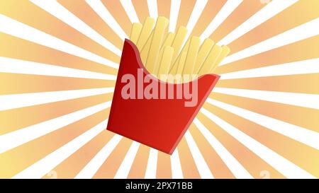 Frites dans une tasse en carton rouge, illustration vectorielle. sur un arrière-plan lumineux et coloré avec des bandes pêche-blanc. pommes de terre rétro. publicité de ven Illustration de Vecteur