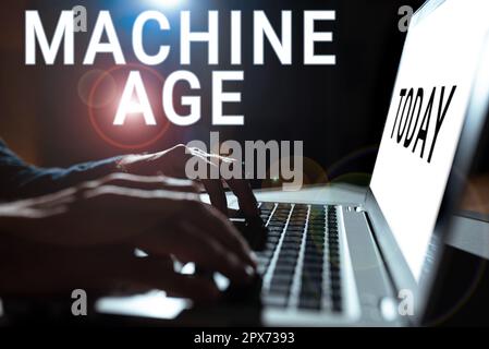 Affiche montrant l'âge de la machine, mot pour la période de développement de nouvelles technologies et de procédés industriels Banque D'Images