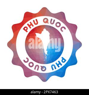 Logo Phu Quoc Low Poly. Logo de l'île en dégradé coloré de style géométrique. Panneau rond Phu Quoc polygonal multicolore avec carte pour votre Illustration de Vecteur