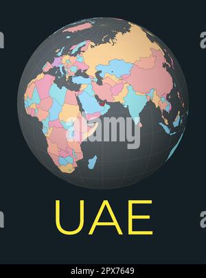 Carte du monde centrée sur les Émirats arabes Unis. Pays rouge mis en surbrillance. Vue satellite du monde centrée sur le pays avec le nom. Illustration vectorielle. Illustration de Vecteur