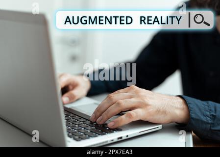 Affichage conceptuel réalité augmentée, Internet concept technologie qui impose l'image d'ordinateur sur le monde réel Banque D'Images