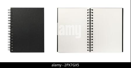 Ouvrir et fermer les blocs-notes sur fond blanc, vue du dessus. Bannière Banque D'Images