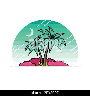 Falaise de nuit de la forêt tropicale avec palmiers. Illustration de Vecteur