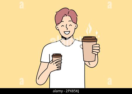 Un jeune homme souriant avec des tasses de café dans la tasse offrir une boisson à un ami. Un bon gars s'étire la main avec une boisson chaude à emporter à l'appareil photo. Illustration vectorielle. Banque D'Images