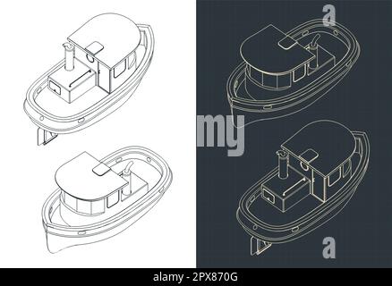 Illustration vectorielle stylisée de plans isométriques de bateau petit remorqueur Illustration de Vecteur