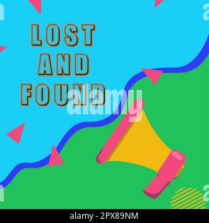 Affiche textuelle montrant les objets perdus, l'approche d'entreprise où vous pouvez trouver le service de recherche d'objets oubliés Banque D'Images