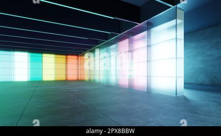 Vider l'espace moderne multi-usage de la salle avec un mur en verre transparent dégradé de couleur. 3D rendu réaliste Banque D'Images