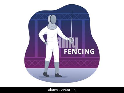 Escrime joueur Sport Illustration avec Fencer Fighting on Piste et épée Duel épreuve de compétition dans le dessin à la main de dessin à plat Banque D'Images