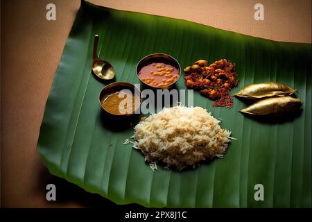 Sadiya traditionnel d'Onam servi en feuille de banane. Banque D'Images