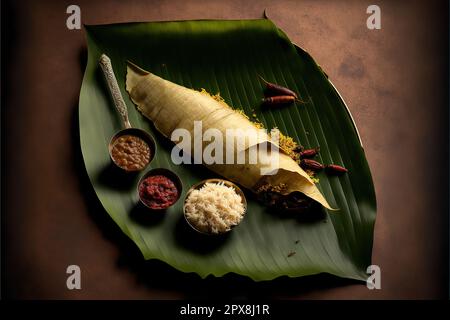 Sadiya traditionnel d'Onam servi en feuille de banane. Banque D'Images