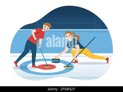 Illustration du sport de curling avec jeu d'équipe de rochers et de balais en anneau de glace rectangulaire dans le modèle de dessin à la main de dessin à la main de dessin à la main de dessin à plat de championnat Banque D'Images