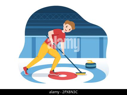 Illustration du sport de curling avec jeu d'équipe de rochers et de balais en anneau de glace rectangulaire dans le modèle de dessin à la main de dessin à la main de dessin à la main de dessin à plat de championnat Banque D'Images