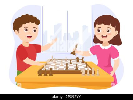 Illustration du jeu de Chess Board avec des enfants assis en face et jouant pour la bannière Web ou la page d'arrivée dans le dessin animé à la main dessin animé de dessin animé Illustration Banque D'Images