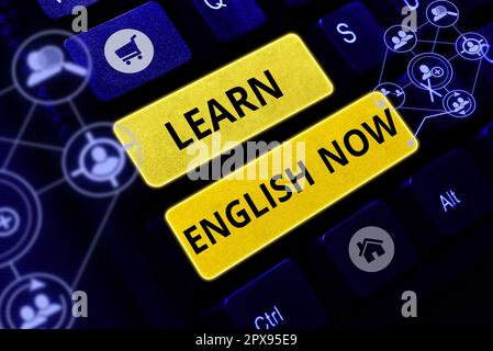 Légende du texte Présentation apprendre l'anglais maintenant, Word pour acquérir ou acquérir des connaissances et des compétences en anglais Banque D'Images