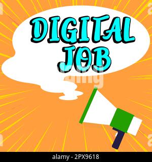 Affiche affichant travail numérique, mot écrit sur faire payer tâche faite par Internet et ordinateur personnel Banque D'Images