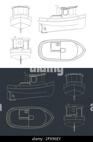 Illustration vectorielle stylisée de plans de bateau à petit remorqueur Illustration de Vecteur