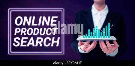 Affiche textuelle montrant la recherche de produits en ligne, mot écrit sur la recherche de produits et de services sur Internet Banque D'Images