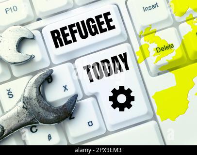 Texte d'écriture réfugié, mot pour se référer aux mouvements de grands groupes de personnes déplacées Banque D'Images