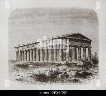 Un exemple du style dorique. Deuxième Temple de Hera (Paestum) le Temple de Hera II (également appelé à tort le Temple de Neptune ou de Poséidon), est un temple grec à Paestum, Campanie, Italie. Il a été construit dans l'ordre dorique autour de 460–450 av. J.-C., juste au nord du premier temple de Hera. S'il était encore utilisé au cours des 4th et 5th siècles, il aurait été fermé lors de la persécution des païens à la fin de l'Empire romain. Banque D'Images