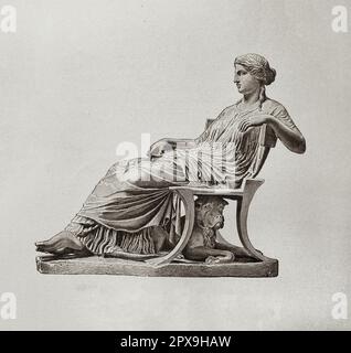 Illustration vintage de la statue d'une femme grecque assise Banque D'Images