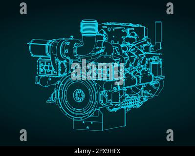 Illustration vectorielle stylisée d'un schéma isométrique de moteur diesel marin à usage intensif Illustration de Vecteur