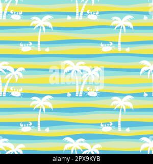 Joli motif vectoriel coloré d'été sans couture avec palmiers, crabes et coquilles Illustration de Vecteur