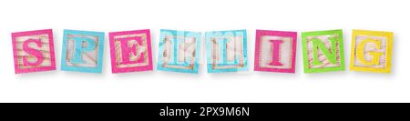 Un concept d'orthographe avec des blocs de bois pour enfants sur blanc avec un chemin d'écrêtage pour supprimer l'ombre Banque D'Images