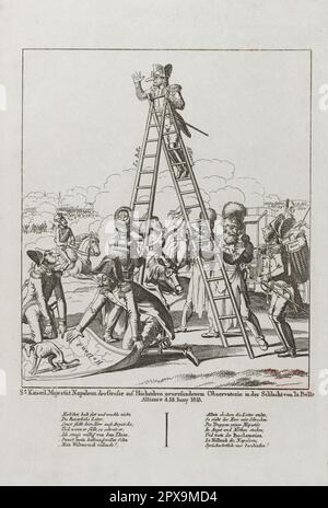 Gravure sarcastique anti-française de la période des guerres napoléoniennes: Sa Majesté impériale Napoléon le Grand sur la plus haute observation redécouverte à la bataille de la Belle Alliance d. 18. Juin 1815 Banque D'Images