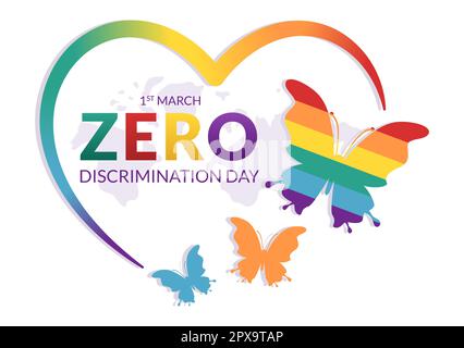 Illustration du jour de discrimination zéro avec différentes personnes et différentes couleurs pour la page d'arrivée dans le modèle de vol papillon dessiné à la main de dessin animé par un dessin animé Banque D'Images