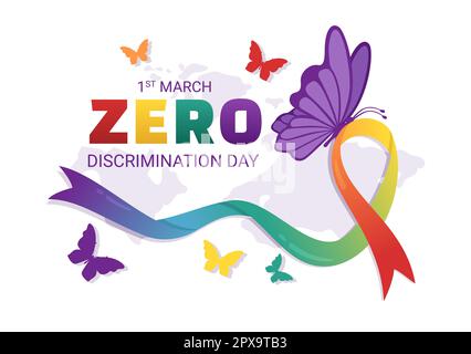 Illustration du jour de discrimination zéro avec différentes personnes et différentes couleurs pour la page d'arrivée dans le modèle de vol papillon dessiné à la main de dessin animé par un dessin animé Banque D'Images
