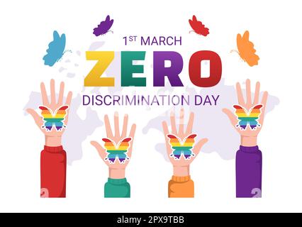 Illustration du jour de discrimination zéro avec différentes personnes et différentes couleurs pour la page d'arrivée dans le modèle de vol papillon dessiné à la main de dessin animé par un dessin animé Banque D'Images