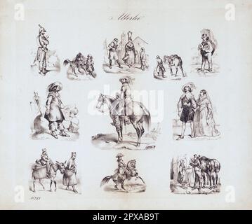 Illustrations millésimes de la France des 17th et 18th siècles. Dessins anciens de mousquetaires et de nobles français. 1855 scènes de la vie de la France des 17th-18th siècles Banque D'Images