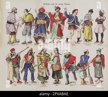 Lithographie de couleur vintage des personnages de conte de fées d'Ali Baba et des quarante Robbers (allemand: Ali-Baba und die vierzig Rauber.). 1896 'Ali Baba et les quarante Thieves' est un conte populaire à Urdu ajouté à la mille et une nuits du 18th siècle par son traducteur français Antoine Galland, qui l'a entendu du conteur syrien Hanna Diyab. En tant que l'un des contes les plus populaires de Arabian Nights, il a été largement retold et interprété dans de nombreux médias à travers le monde, en particulier pour les enfants (pour qui les aspects les plus violents de l'histoire sont souvent supprimés). Banque D'Images